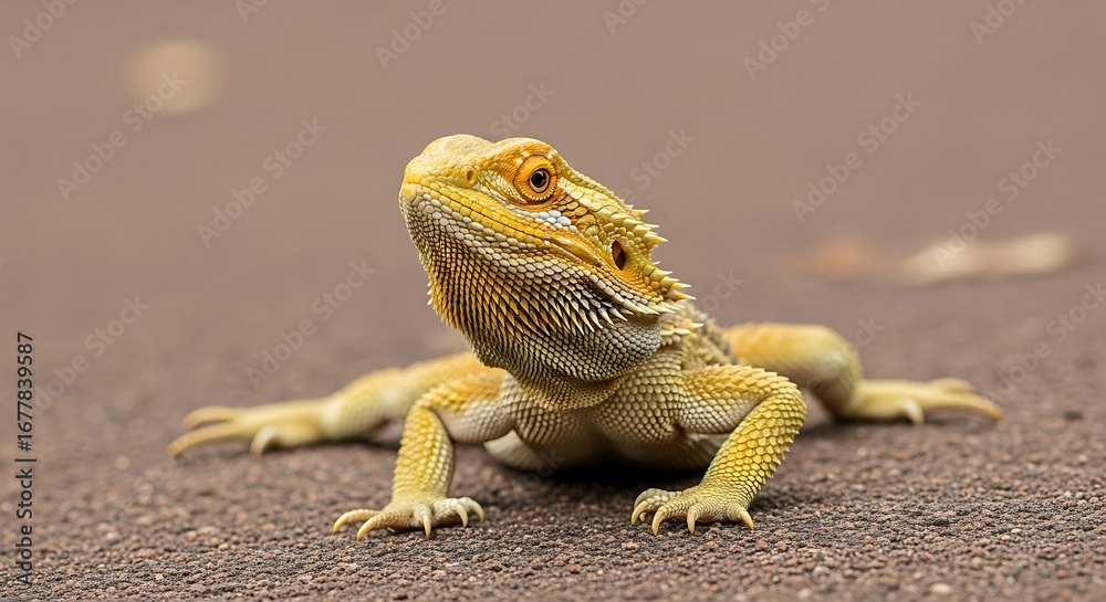 Obraz premium Yellow Bearded Dragon on a Brown Surface.