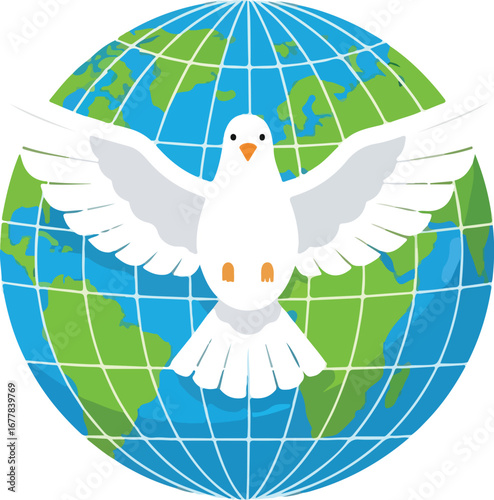 A white dove, wings spread, superimposed over a globe, symbolizing peace and unity.