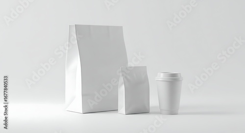 Blank Coffee Packaging Mockup Paper Bag, Pouch & Cup