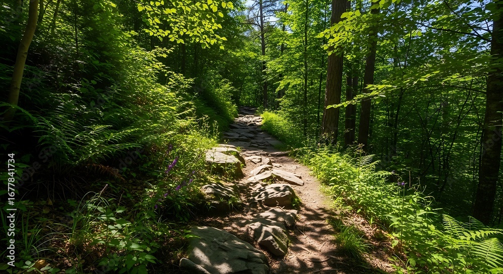Fototapeta premium Sunlit Forest Path - A Journey Through Natures Embrace.