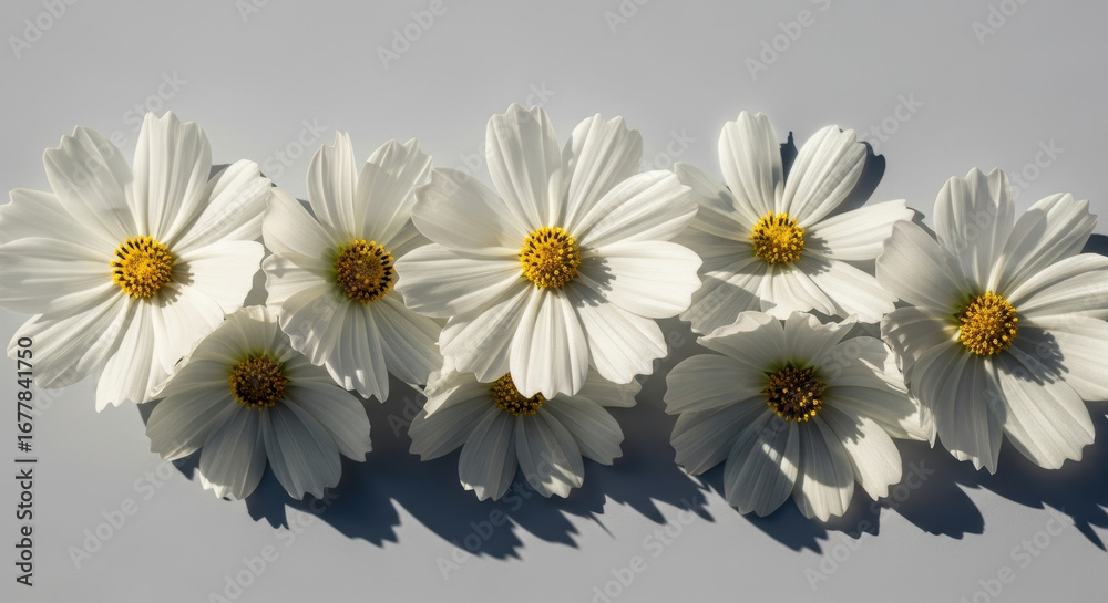 Obraz premium Fresh delicate white cosmos flowers with yellow centers arranged in row on plain background casting soft natural shadows in direct sunlight minimal floral composition