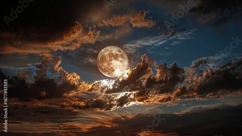 Full moon surrounded by clouds in the night sky with warm colors.