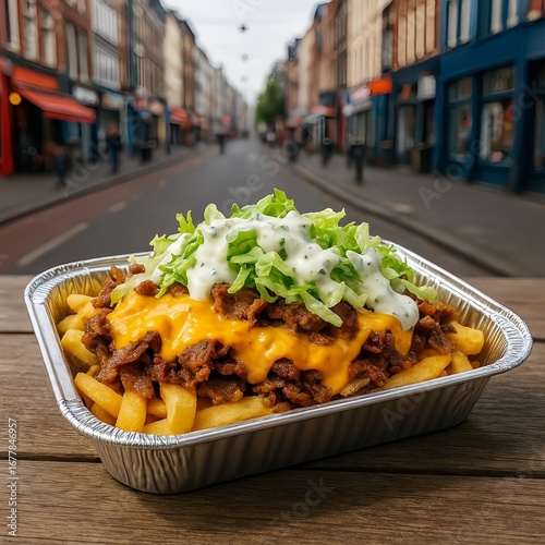 Loaded Kapsalon with Crispy Fries, Melted Cheese, Doner Kebab, and Fresh Lettuce in Takeaway Tray