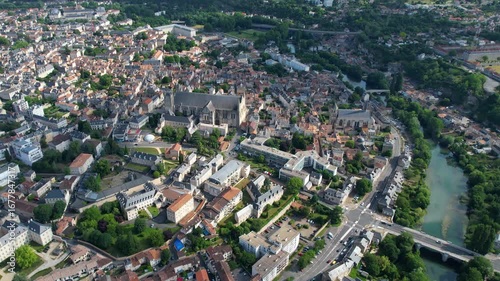 Aerial panorama view from the old town in the city Poitiers in France, on a sunny summer noon