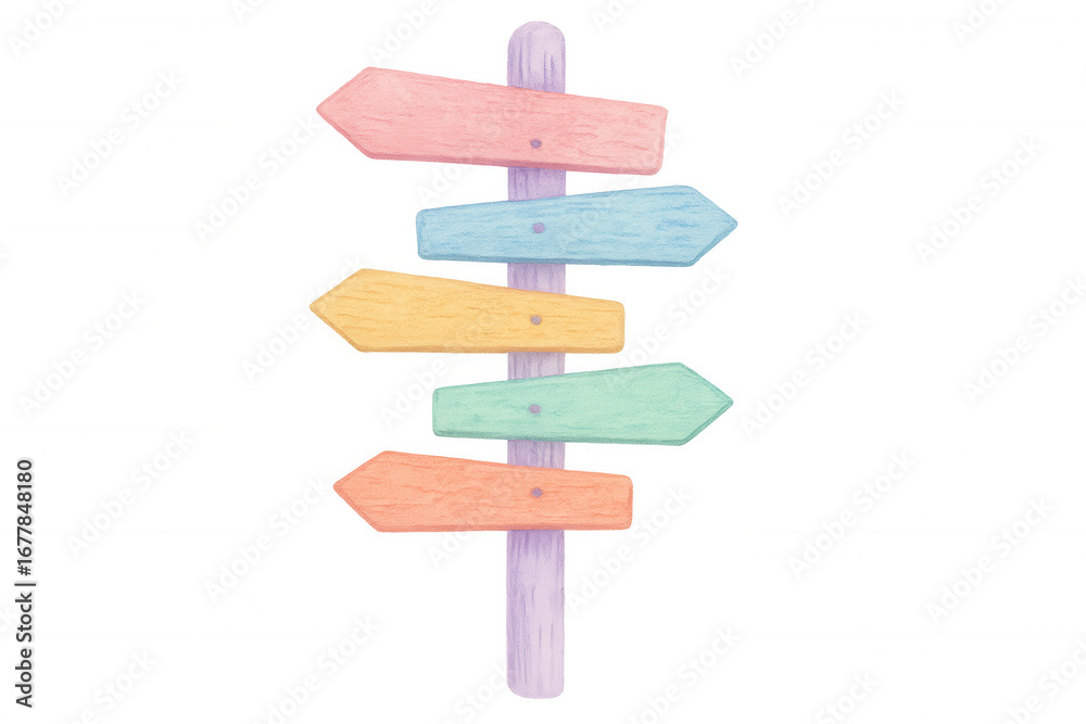 Wooden signpost with five colorful blank arrow signs pointing in different directions, isolated on transparent background, ideal for travel and direction concepts Wooden signpost with five colorful blank arrow signs pointing in different directions, isolated on transparent background, ideal for travel and direction concepts