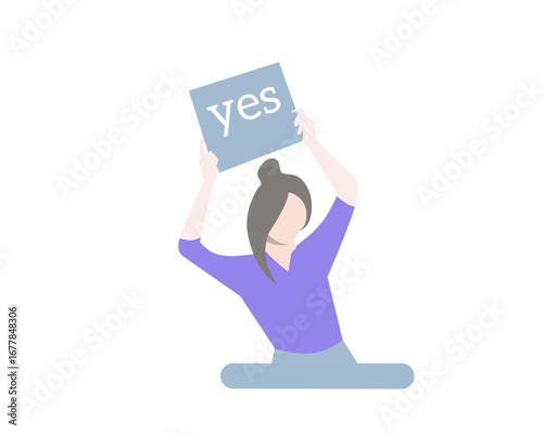 Simple flat vector of a woman holding up a YES sign above her head. Positive decision and approval concept in modern minimalist design