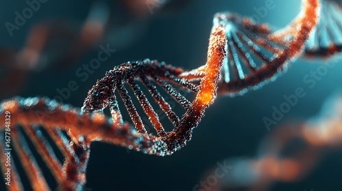 DNA Strand Helix: A stunning 3D rendering of a DNA helix gracefully coiled, the double helix structure, illuminated by a warm glow and set against a deep backdrop.
