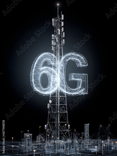 6G Network Communication: A futuristic view of a communication tower dominates, the glowing 6G symbol hovering above, signifying the future of wireless data transmission.