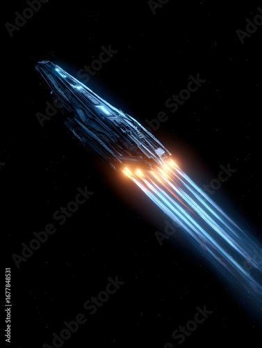 Future Voyager: An impressive spaceship cuts through the inky blackness of space, leaving trails of radiant energy in its wake.