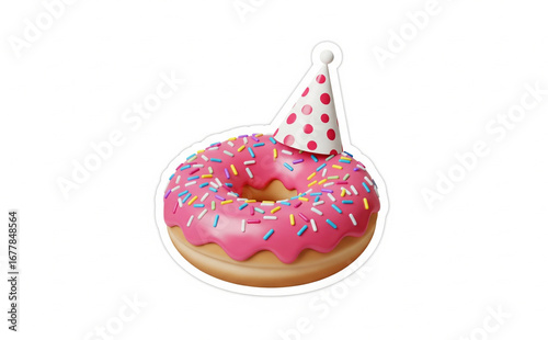 Sticker-style PNG of cheerful donut wearing party hat