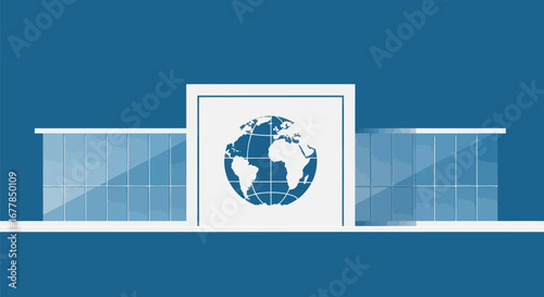 Global Corporation Office Building with Earth Symbol Illustration.