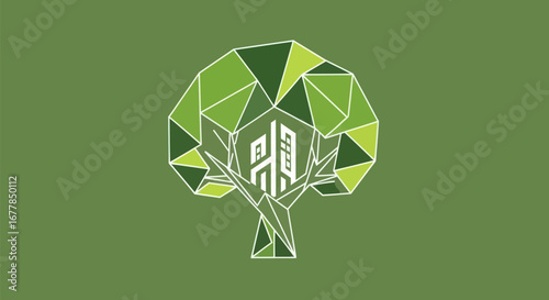 Stylized geometric tree with abstract internal logo design.