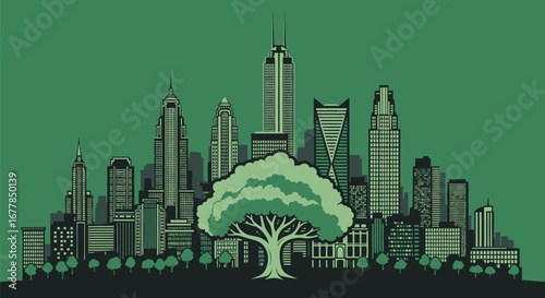 Green City Skyline with Tree Illustration.