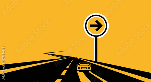 Highway Road with Car and Right Turn Sign.