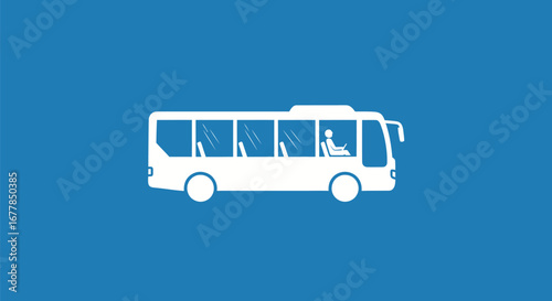 White Bus Icon on Blue Background.