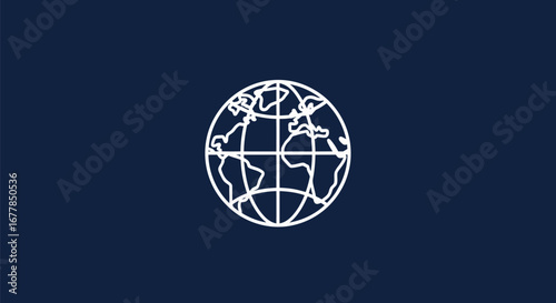 Minimalist white outline of a globe on a dark blue background.