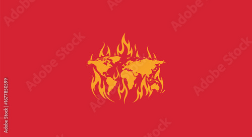 Burning World Map Depicting Climate Change and Environmental Crisis.