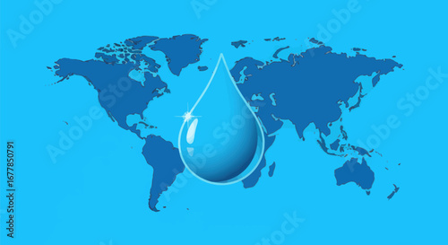 A single large clear blue water droplet symbolizing purity and life.