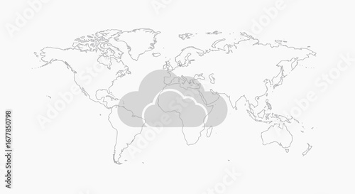 Cloud computing concept over a world map representing global data.