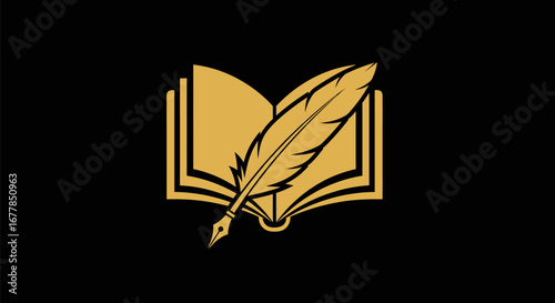 Golden Quill Resting on Open Book: Symbol of Writing and Knowledge.