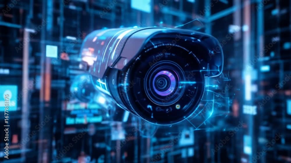 Digital CCTV cameras. Future AI, Artificial Intelligence. Futuristic surveillance system technology concepts. Security and control. Holographic data elements. 4k video
