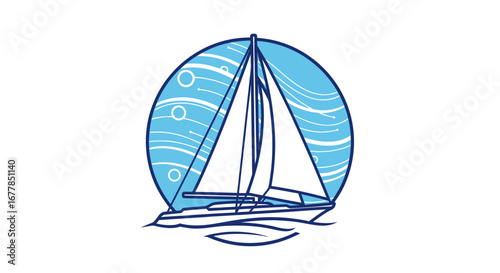 Elegant sailboat gliding on blue waters with artistic waves.