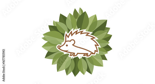 Adorable Cartoon Hedgehog in Green Leaves.