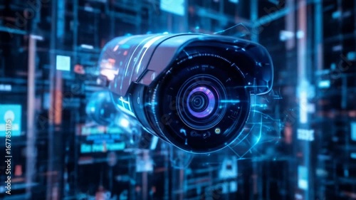Digital CCTV cameras. Future AI, Artificial Intelligence. Futuristic surveillance system technology concepts. Security and control. Holographic data elements. 4k video