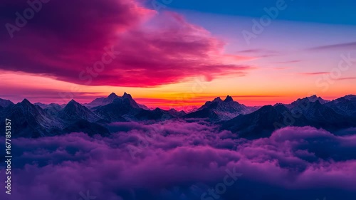 Vibrant Sunset Over Majestic Mountains and Ethereal Purple Clouds.