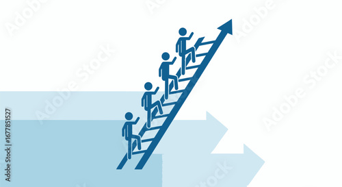 Teamwork and progress shown by people climbing a ladder arrow to success.