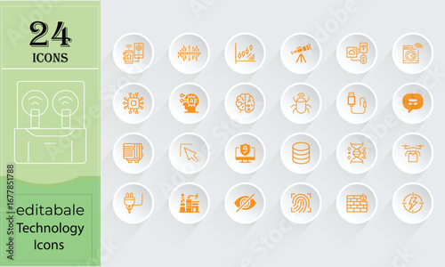 24 orange technology icons arranged in a grid with a green and grey background collection editable