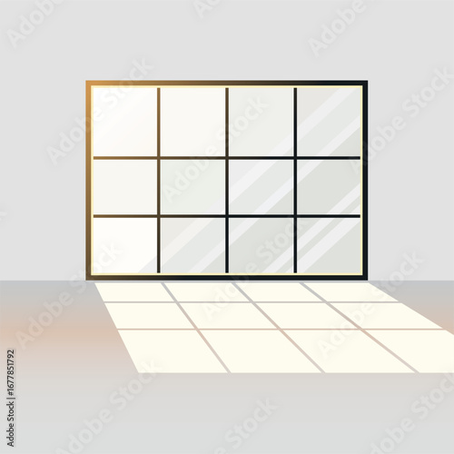 A large, modern window with multiple panes and a black frame, casting a sunlit shadow on the floor and representing home interiors.