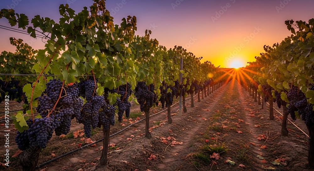 Naklejka premium Sunset over a beautiful vineyard with ripe grapes.