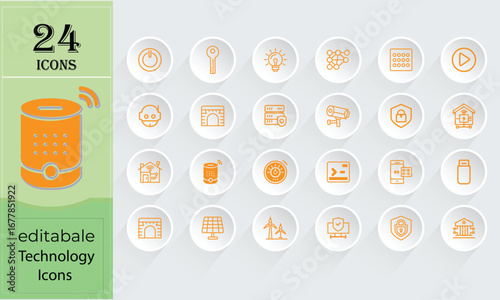 24 orange technology and smart home icons in a grid with a green and grey background collection