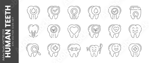 Human teeth dental care icon set in minimal line style