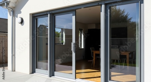 Modern sliding glass doors leading to a bright interior