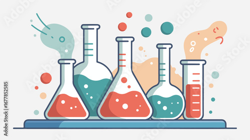 Laboratory glassware with colorful liquids and bubbles flasks beakers