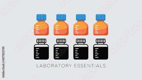 Orange and black laboratory vials with blue and black caps medical bottles science equipment