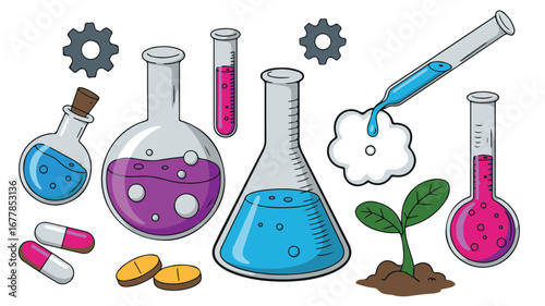 Scientific laboratory equipment with liquids and plant science beaker