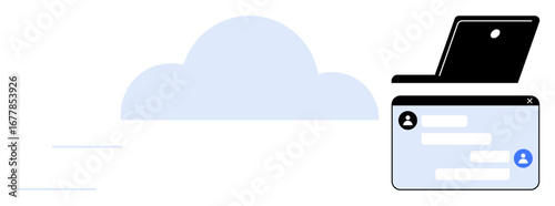 Cloud floating beside open laptop and chat interface with user icons and messages. Ideal for technology, communication, cloud storage, collaboration, digital workspace, online support, simple landing