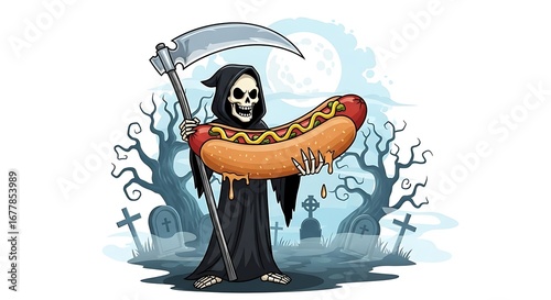 The grim reaper holding a giant hot dog with mustard and ketchup, standing in a graveyard with spooky trees and a full moon, pixel art style
