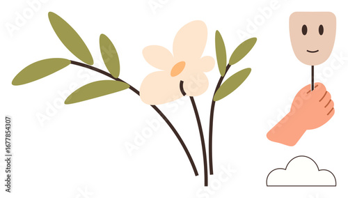 Hand lifts a smiling face mask beside a plant with soft petals and stems. Ideal for self-expression, happiness, disguise, mental health, identity, nature, and human connection themes. Simple flat