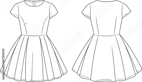 Stylish short sleeve dress cad drawing, technical flat vector illustration showing front and back pleated skirt fashion design