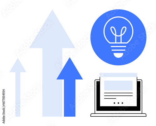 Blue gradient arrows, lightbulb icon, and laptop symbolize innovation, growth, and technology. Ideal for business success, technology, creativity, progress entrepreneurship marketing simple