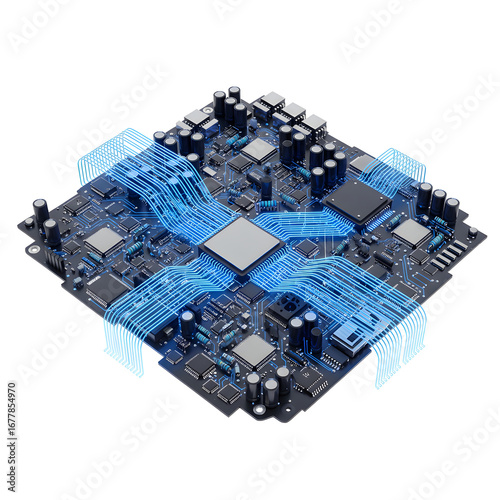 A detailed 3D rendering of a circuit board featuring multiple components and blue circuitry patterns, illustrating electronic connections.