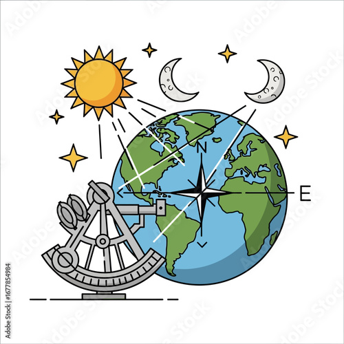 navigation of earth with sextant compass rose sun moon and stars illustrating celestial navigation