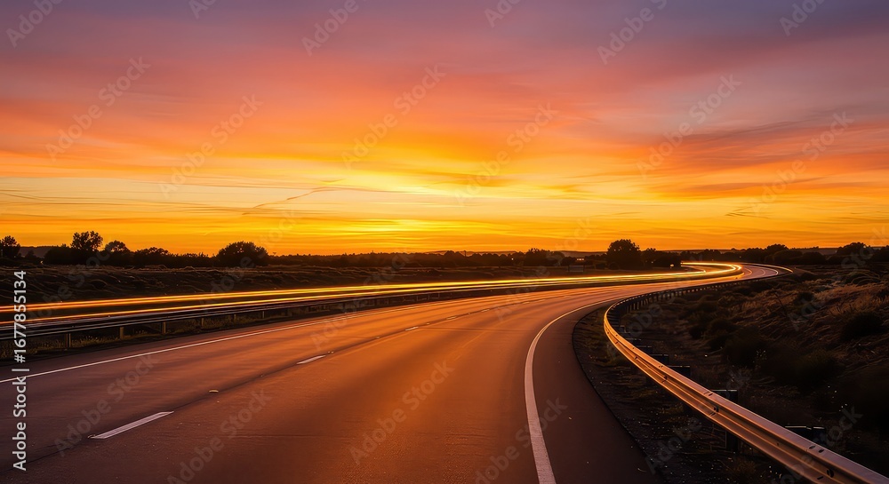 Naklejka premium Captivating highway at dusk bathed in golden sunset light with dramatic streaks of car headlights painting the scene