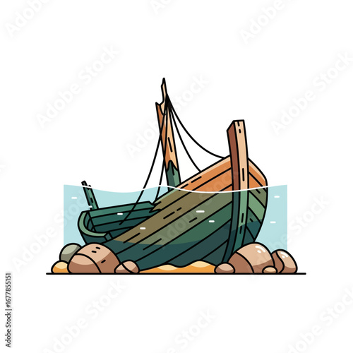 shipwreck illustration submerged underwater resting on rocks nautical history and maritime concept