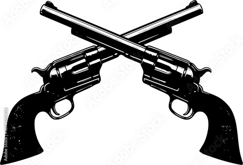 Crossed Pistols: A detailed, monochrome illustration of two classic revolvers crossed in an artistic arrangement, evoking a sense of history, strength, and a touch of the wild west.