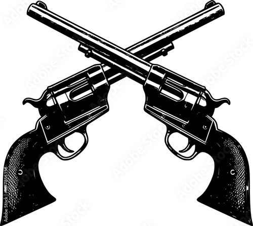 Crossed Pistols: A detailed, monochrome illustration of two classic revolvers crossed in an artistic arrangement, evoking a sense of history, strength, and a touch of the wild west.
